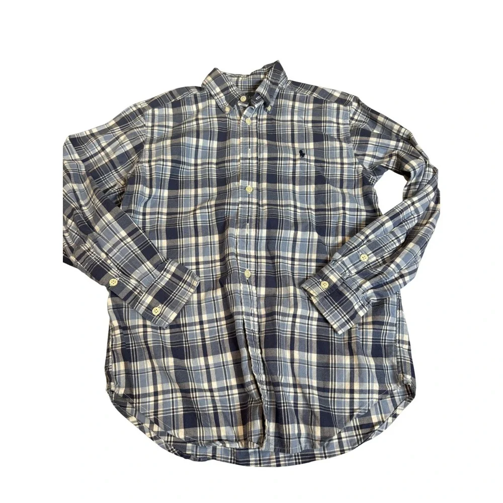 Ralph Lauren Shirt Boys Medium 10-12 Blue Plaid Long Sleeve Button Down Collared